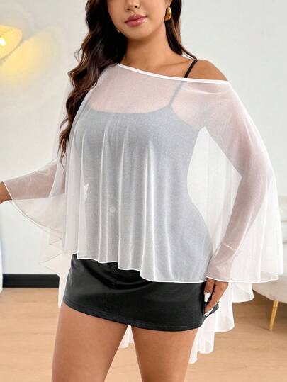 Easura 大码轻薄面料宽松蝙蝠袖不对称肩部斗篷式上衣，优雅百搭，适合外出、约会、派对、度假等场合。