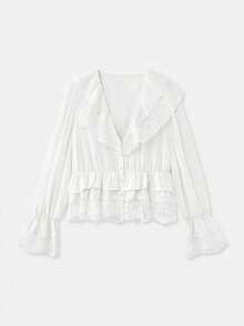 浪漫白色雪纺衬衫，蕾丝荷叶边V领，纽扣前襟，喇叭袖，尽显女性柔美春夏法式巴黎风情。 - 白色 - 查看 7