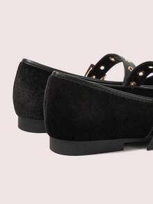 CUCCOO DOLLMOD Soft Bottom Velvet Metal Rivet Decorative Ballet Bow Flat Bottom Casual Mary Jane - Korean velvet black - View 9
