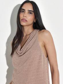 KSTM Áo tank top dệt kim không tay cổ yếm với đường viền cổ đổ, chất liệu lấp lánh, thích hợp cho trang phục thường ngày buổi tối. - Cà phê nâu - Xem 5