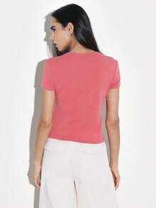 KSTM Women's Coral Pink Short Sleeve Fitted T-Shirt Casual Everyday Basic Top Crew Neck Regular Length Style - Redwood - View 2