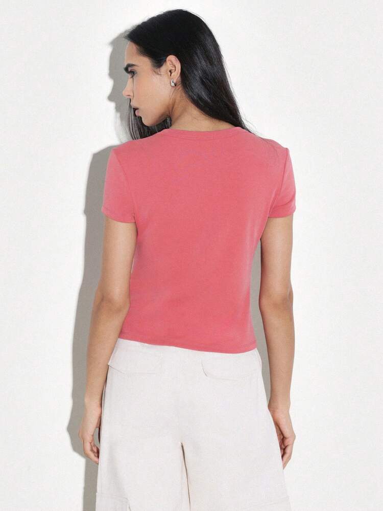 KSTM Women's Coral Pink Short Sleeve Fitted T-Shirt Casual Everyday Basic Top Crew Neck Regular Length Style