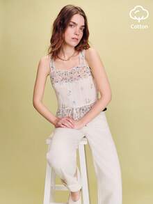 lacRébo Bohemian Floral Print Sleeveless Top With Ruffle Hem And Lace Straps Going Out Spring Summer Vacation Top French Style Parisian Style - White - View 3