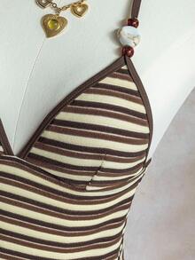 Swim Mod 春夏沙滩休闲条纹针织V领挂脖系带比基尼两件套泳衣 - 彩色 - 查看 4