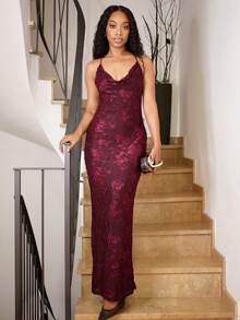 Yess Loren Fall New Style WomenWinter Gathering Party Glamour Elegant Banquet Modest Old Money Coquette Glitter Holiday Party Glamour Elegant Rave Festival Outing Vacation Hot Outdoor Richly Layered Wedding Season Banquet Coming Of Age Ceremony Floral 3D Velvet Spaghetti Strap Backless Metal Chain Decor Bodycon Mermaid Dress For Women Luxury Prom Christmas New Year,Dresses For Women Party - Red Violet - View 7