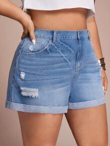 SHEIN CURVE+ 大码休闲水洗做旧牛仔短裤，春夏嘉年华服装通勤度假毕业时尚Y2K可爱街头风派对婚礼优雅商务休闲女装春季百搭背带裤，大码修身牛仔短裤，卷边破洞细节毛边卷边牛仔短裤，膝上高腰短裤街头风破洞短裤Y2K风格牛仔短裤复活节牛仔短裤 - 藍色 - 查看 5