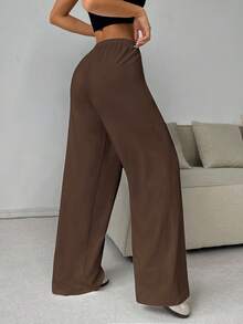 SHEIN EZwear 大码休闲棕色抽绳腰阔腿运动裤 - 棕色 - 查看 2