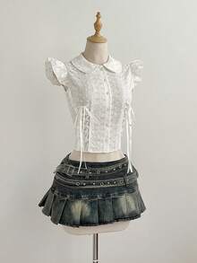 Elamini 女士彼得潘领刺绣荷叶边短袖白色衬衫，法式风格，春季女士上衣和衬衫，蕾丝冬季女士短袖上衣，白色蕾丝衬衫，彼得潘领收腰衬衫，刺绣蕾丝上衣，女士蕾丝衬衫 - 白色 - 查看 3