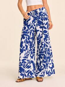 Coeurva Women's Loose Printed Woven Pants, Suitable For Spring/Summer Vacation - Blue and White - View 5