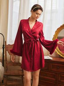 Mature And Elegant Jacquard Rose Pattern Ladies Robe, Southern France Style - Burgundy - View 6