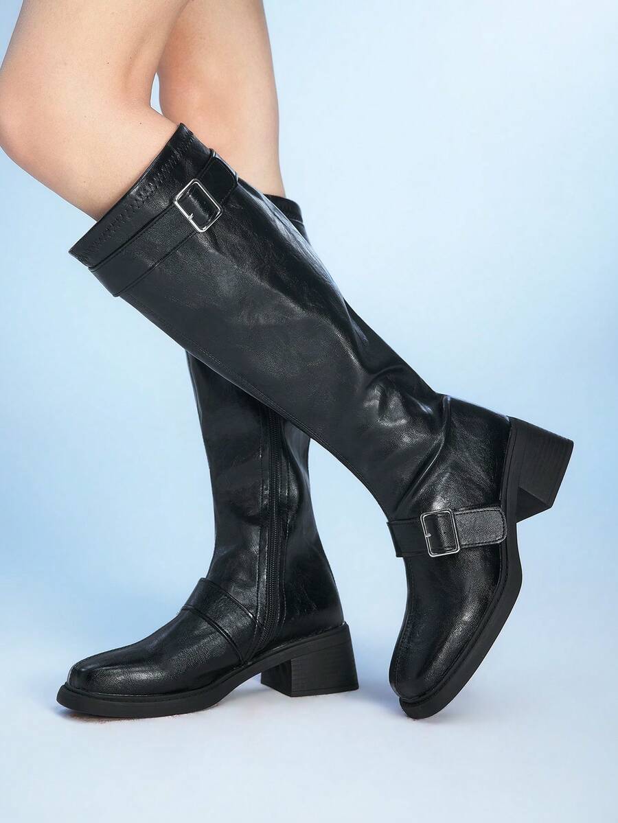 Sugerpunk 女士搭扣设计休闲厚底过膝长靴 - 黑色 - 查看 1