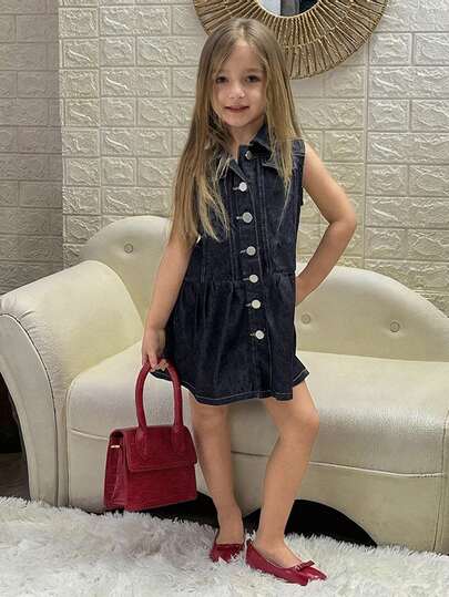 Dazy Kids Đầm denim cổ bẻ không tay kiểu dáng thường ngày cho bé gái