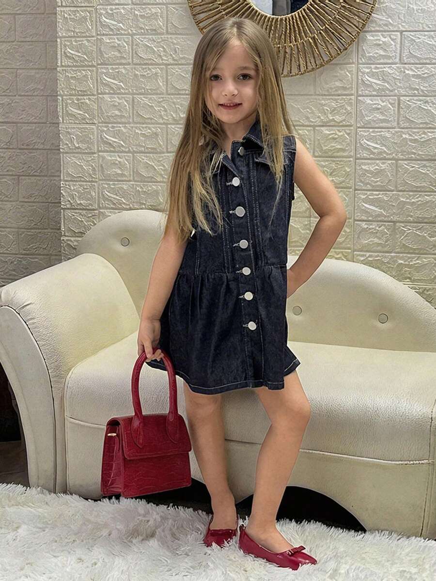 Dazy Kids Girls Casual Denim Sleeveless Collared Dress - Dark Wash - View 1