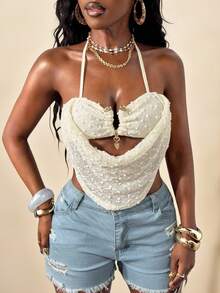 Glyssa Top de bikini sexy para vacaciones en la playa de mujer, camisa corta de punto halter sin espalda color albaricoque - Albaricoque - Ver 3