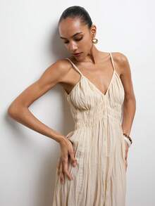 MAIJA Boho Maxikleid mit gehäkelter Bordüre und geraffter Taille - Aprikosenfarben - Übersicht 4