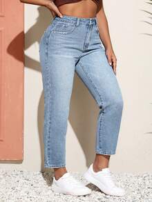 SHEIN CURVE+ Plus Size Solid Color Minimalist Everyday Jeans - Blue - View 3