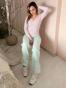 Katetique 女士秋冬纹理针织拼布修身连帽运动衫、休闲性感开衫 - 粉色 - 查看 4