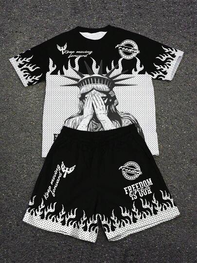 Bộ đồ thể thao mới dành cho bé trai tuổi teen, phong cách Y2K tối giản thường ngày, in hình tượng Nữ thần Tự do đen trắng, đồ họa đường phố, phong cách retro Mỹ, phối màu tương phản, áo thun cổ tròn tay ngắn và quần short đơn giản nhưng thanh lịch.