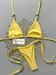 Swim SXY Conjunto de bikini con accesorio de anillo circular en el cuello y lazo lateral - Amarillo - Ver 4