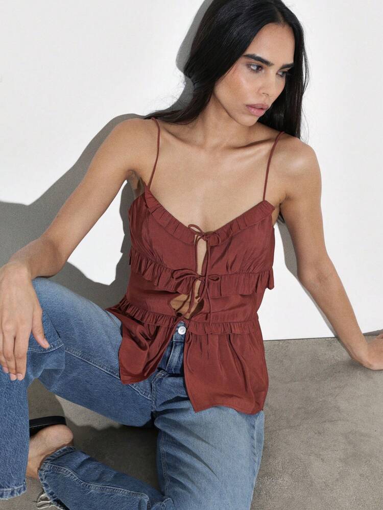 KSTM Women's Rust Tiered Ruffle Cami Top With Tie Front Closure And Thin Straps For Casual Summer Outings