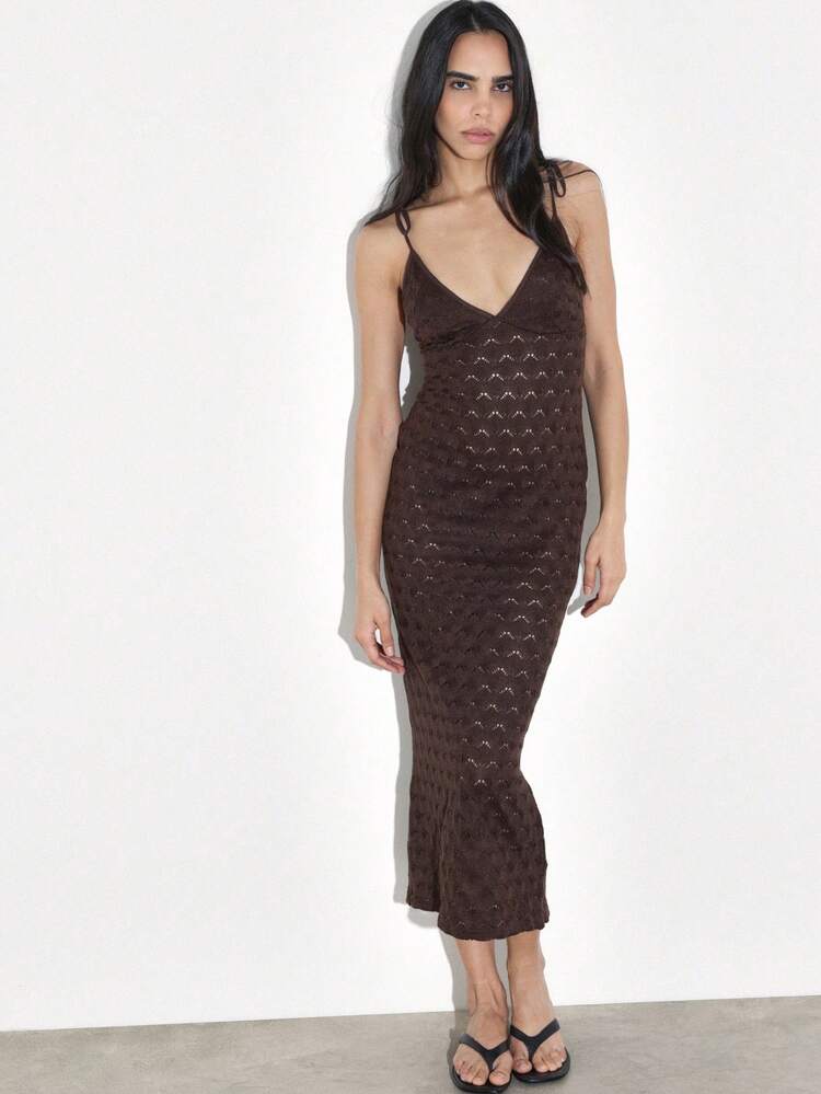 KSTM Women V Neck Tie Strap Midi Knit Dress With Textured Pattern And Ruched Detail Long Sleeve Bodycon Fall Winter Style