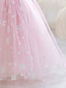 SHEIN Glamorique Kids Đầm công chúa cho bé gái, đầm dự tiệc, đầm voan phồng in hình bông tuyết kèm áo choàng, đầm voan hồng, găng tay, đầm sinh nhật, đầm cưới, đầm dạ hội ngày lễ, đầm dạ hội thanh lịch, đầm dự tiệc cho mọi mùa - Hồng - Xem 5
