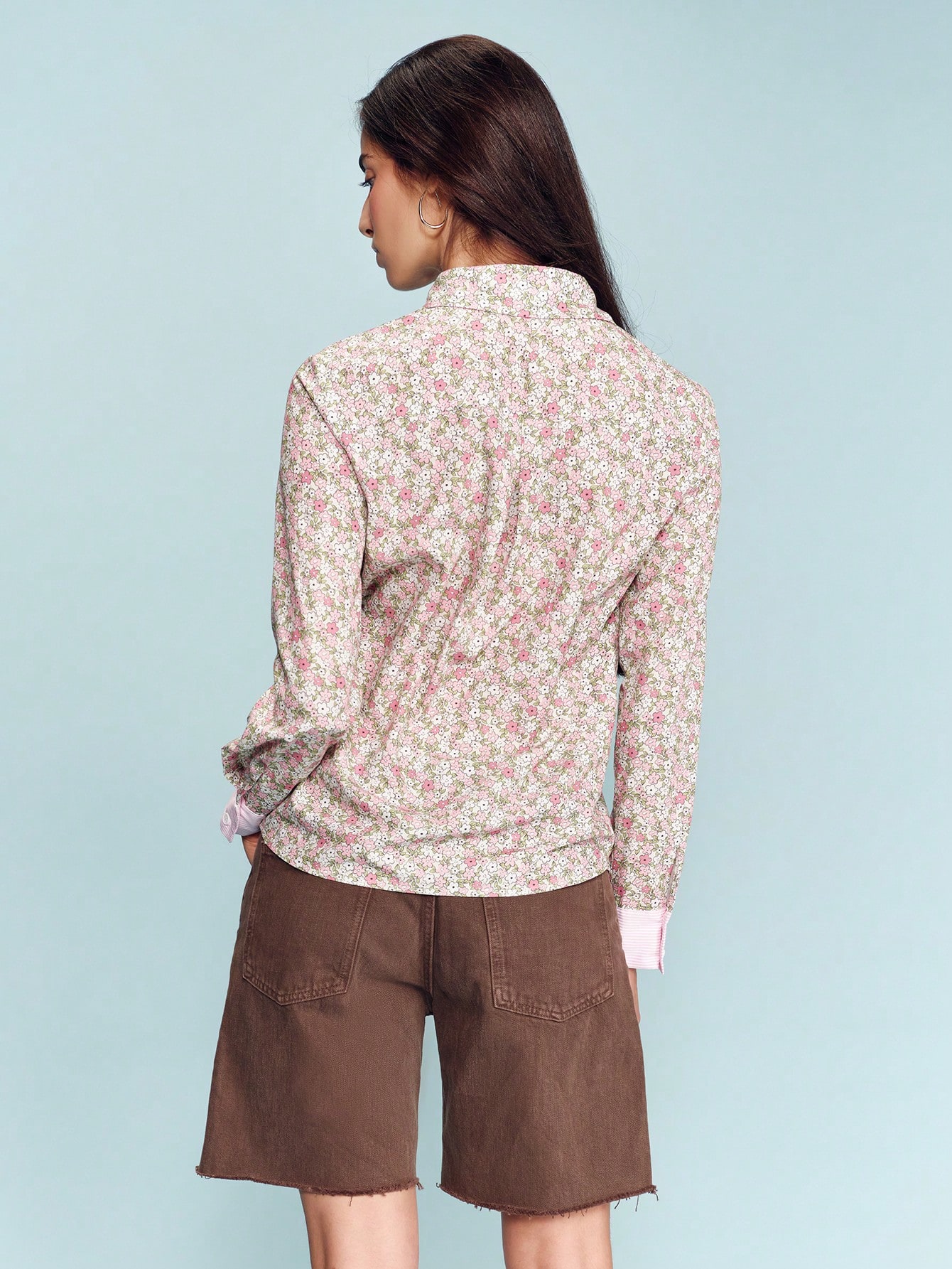 Pink Floral Print Long Sleeve Shirt With Striped Button Placket Vintage Spring Summer Style French Style Parisian Style Floral Shirt Ditsy Floral Top Flower Shirt Floral Blouse Cottagecore Clothes