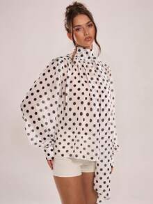 Avenya Polka Dot Chiffon Print Stand Collar Long Tie Shirt - Multicolor - View 3