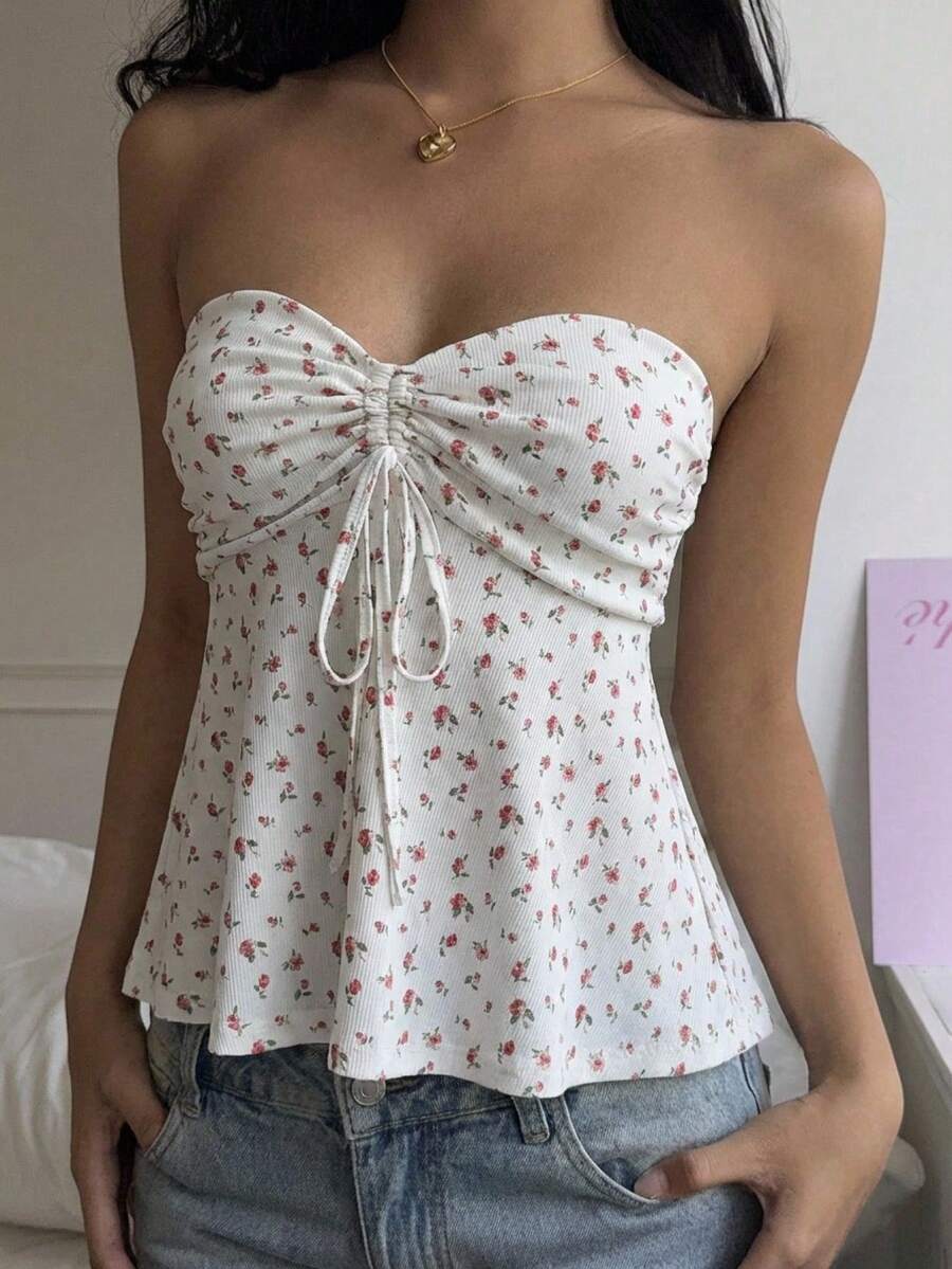 SHEIN EZwear 女士白色碎花抽绳吊带背心 - 白色 - 查看 1