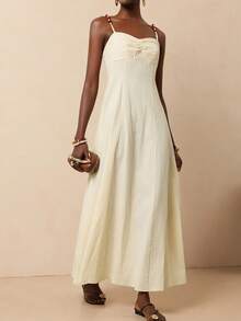 Vesra Women's Solid Color Pleated Casual Minimalist Vacation Dress, Suitable For Summer - Apricot - View 3