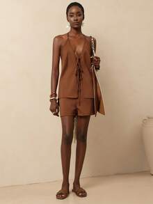 Vesra Women's Halter Neck Hollow Out Tie-Up Top And Shorts 2 Pieces Set - Brown - View 4