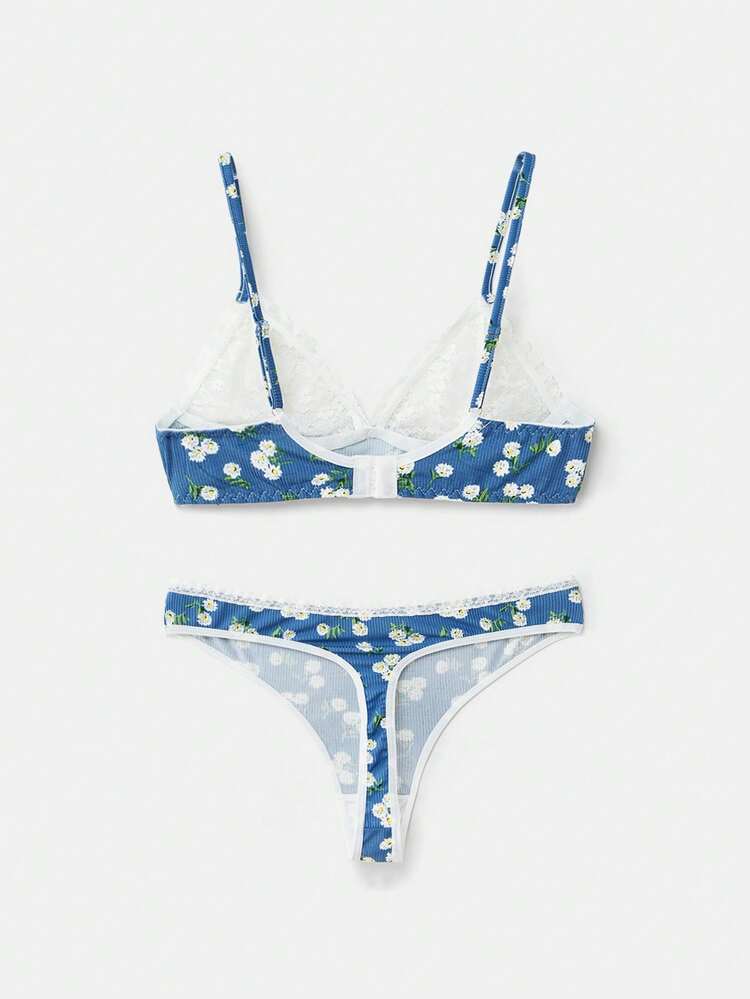 Lace Triangle Bra With Soft Floral Print Blue Rib Contrast Detail And Matching Thong Lingerie Set Cute Romantic Spring Summer French Style Parisian Style Valentines Floral Bra Floral Lingerie Sexy Lingerie Set