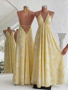 Breezaya Women's Summer Vacation Style Printed Open Back Drawstring Dress - Yellow - View 6