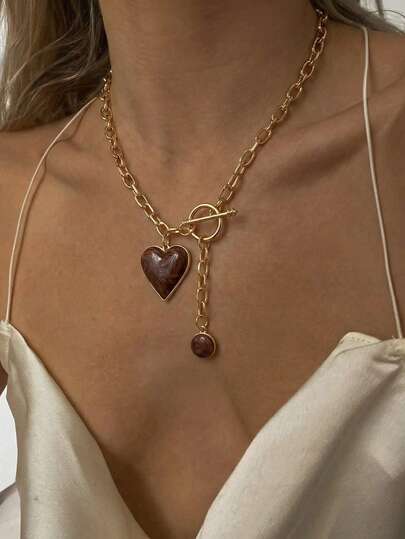 Glamine 1pc Fashionable 3D Alloy Coated Drum-Shaped Red Heart & Gold Water Drop Pendant Necklace