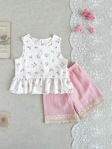 SHEIN 2 pièces/Set Tenue d'été pour filles, 4-7 ans, Top sans manches à col rond beige avec motif floral mignon, Short à taille élastique avec volants roses, Vêtements décontractés doux et confortables, Convient pour le printemps/l'été, Peut être offert en cadeau - Rose bonbon - Voir 6