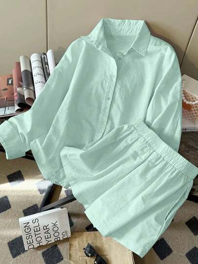 Resyla Nuevo conjunto de 2 piezas de pantalón corto y manga larga de lino informal y holgado de moda minimalista para mujer