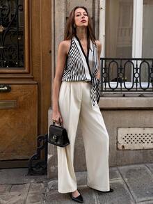 Pariaura 2026夏季新款都市时尚风，黑色杏色几何图案无袖上衣，飘逸缎面面料，系带V领设计吊带背心，通勤休闲两相宜，尽显高端质感，舒适面料，法式优雅通勤度假吊带背心，弹性下摆，蝴蝶结前襟，女士新款夏季吊带背心，优雅吊带背心 - 彩色 - 查看 4