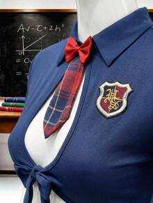 6pcs/Set Women's Costume Chiffon Plaid Print School Style Short Sleeve Pleated Dress With Fishnet Stockings And Tie - Multicolor - View 9