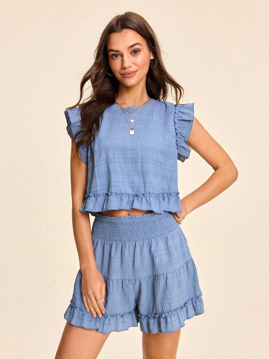 Coeurva Bộ đồ nữ gồm áo sơ mi và quần short rộng rãi, màu trơn, thích hợp cho mùa xuân/hè. - Màu xanh lam - Xem 1