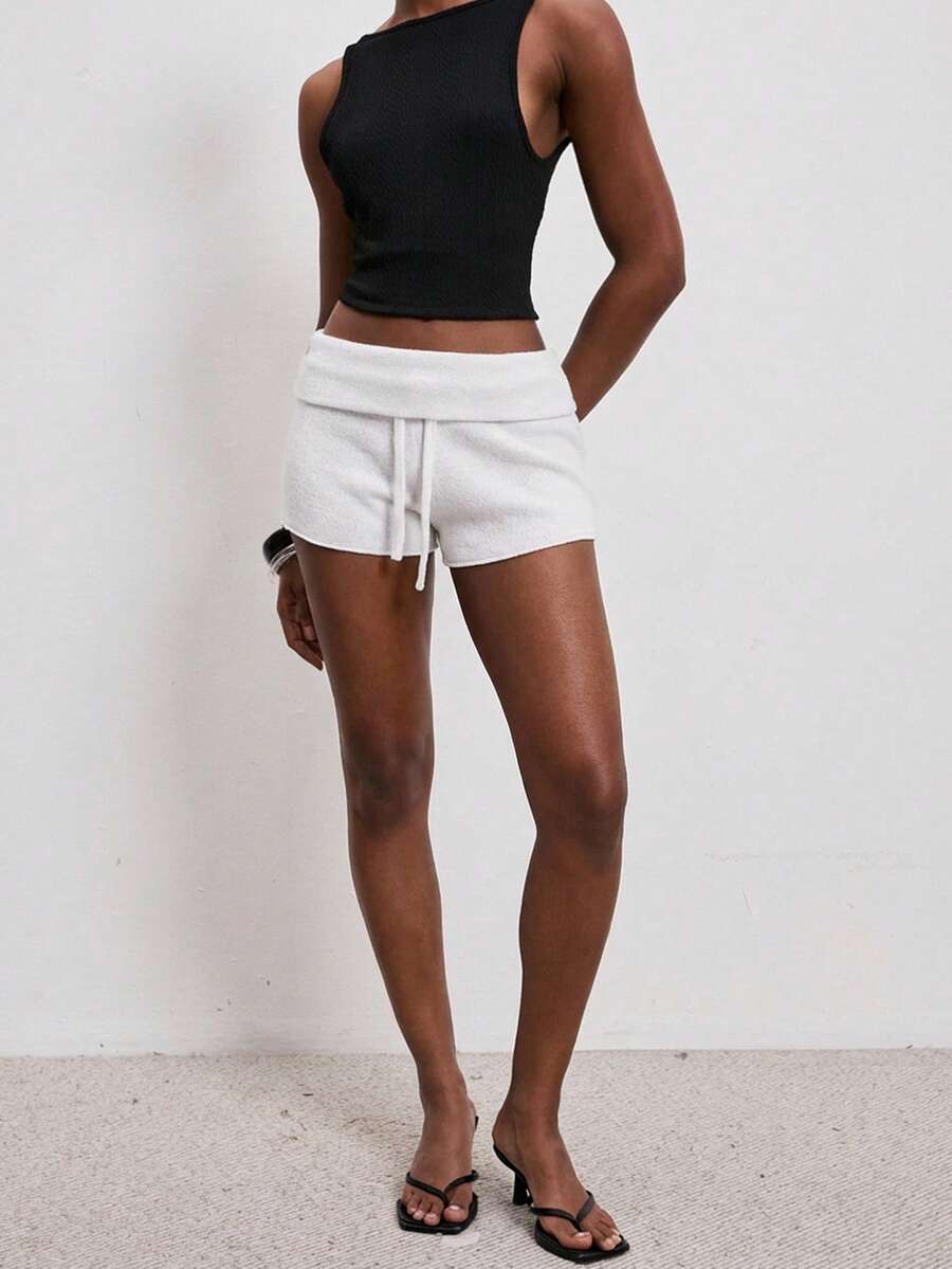 ATUI Studio Solid Color Knotted Fitted Summer Cropped Sweater Shorts - White - View 1