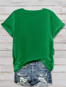 EMERY ROSE Plus Size Women's Floral Print Short Sleeve Casual T-Shirt, Women Round Neck Flower Pattern Top Graphic Tees Women Tops - Green - View 2