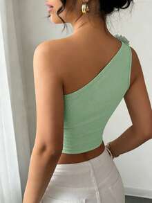 Selianne Women's Fitted Camisole With Hollow Shoulder Design & 3D Floral Decor - Green - View 2