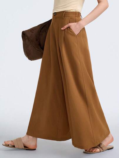 Aalyst Casual Minimalist Beige High-Waisted Single-Breasted Pleated Wide-Leg Cropped Pants, Suitable For Daily Wear, Weddings, Galas, Commuting, Graduation Parties, Holidays, Dates, Parties, Halloween, Christmas, New Year, Thanksgiving, Wedding Suits For Women