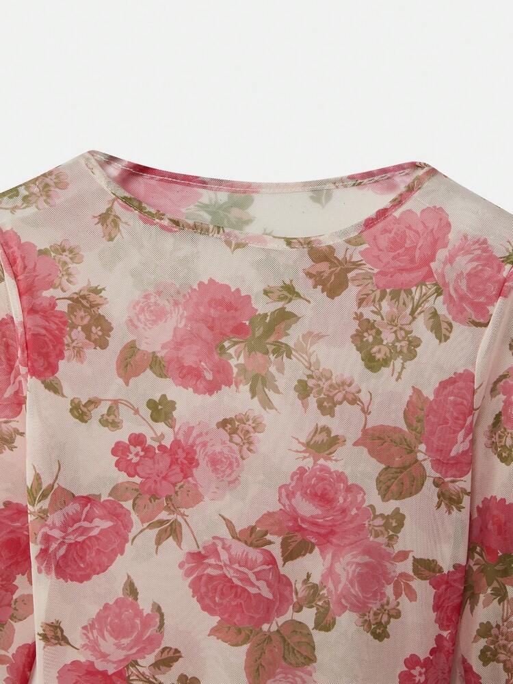 2PCS Sheer Pink Floral Print Mesh Long Sleeve Midi Dress With Fitted Silhouette Romantic Vintage Occasion Dress Spring Summer French Style Parisian Style Flower Dress Woman Floral Midi Dress Long Sleeve Dresses Woman Flowery Dress