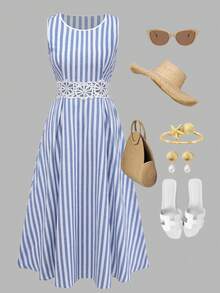 GlowEve 女士棉麻蓝白条纹拼接镂空蕾丝边A字中长连衣裙，魅力优雅日常通勤度假时尚约会法式街头复古百搭春夏蓝白新款无袖衬衫裙 - 彩色 - 查看 10
