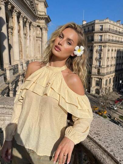 Aloruh Women's Solid Color Ruffle Trim Off Shoulder Long Sleeve Fashionable Blouse