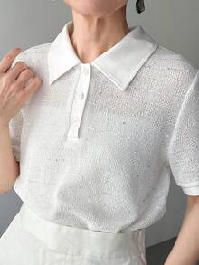 FRIFUL Women's Partial Placket Polo Collar Semi-Sheer Basic Comfortable T-Shirt - Beige - View 9