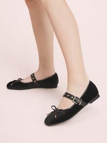 CUCCOO DOLLMOD Soft Bottom Velvet Metal Rivet Decorative Ballet Bow Flat Bottom Casual Mary Jane - Korean velvet black - View 3