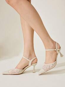 CUCCOO CHICEST Tacones altos elegantes de fiesta y banquete con puntera puntiaguda, correa de tobillo, malla bordada en color albaricoque, cómodos y transpirables - Albaricoque - Ver 5