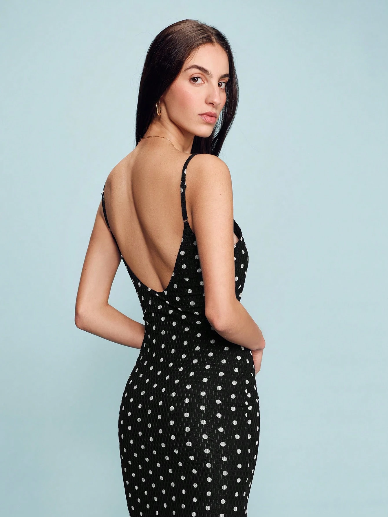 Black Polka Dot Print Fitted Stretch Midi Dress With Tie Front Detail Delicate Straps And Feminine Cute Spring Summer French Style Parisian Style